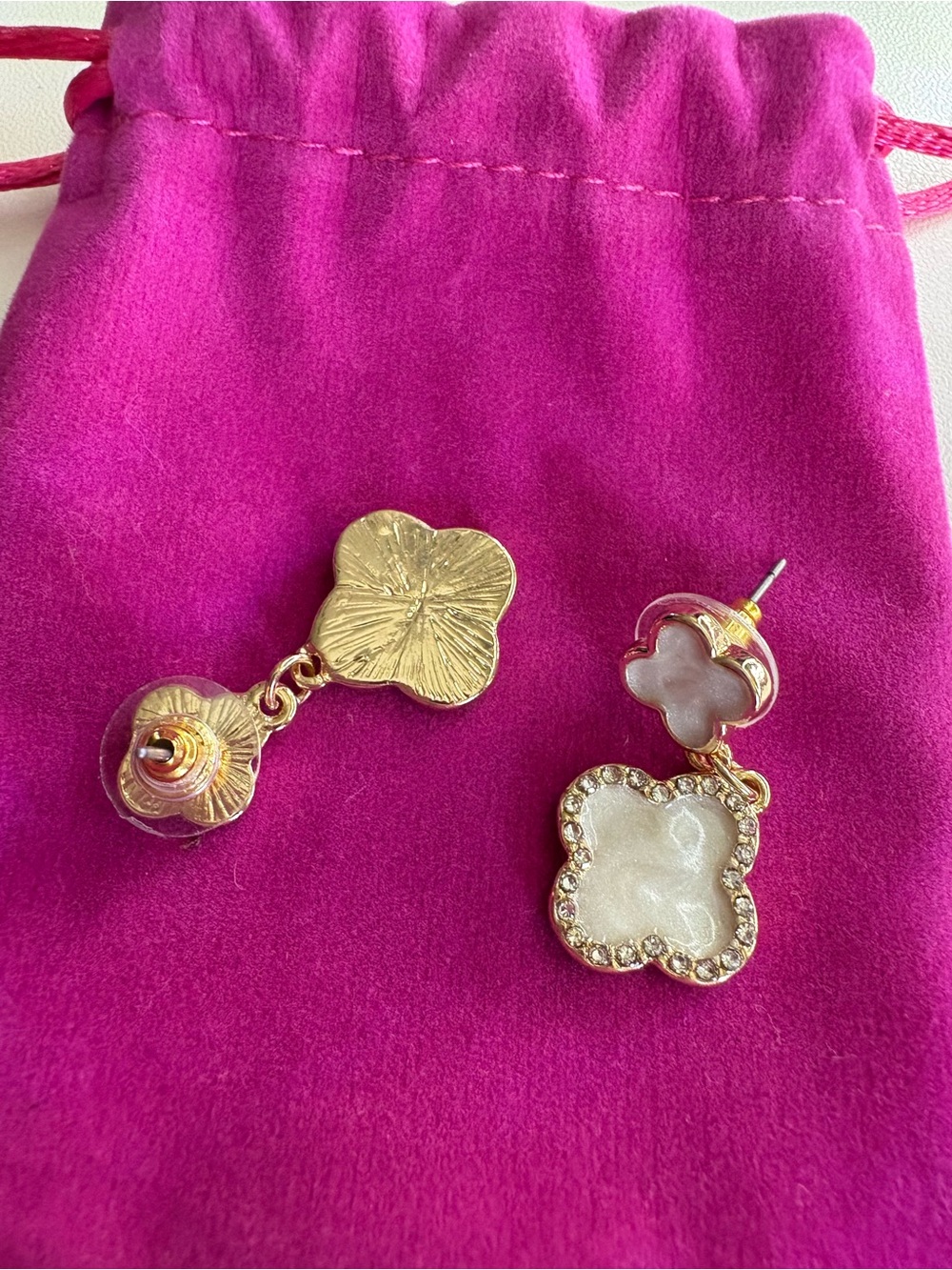 White Gold-Tone Clover Drop Earrings - Picture 3 of 5